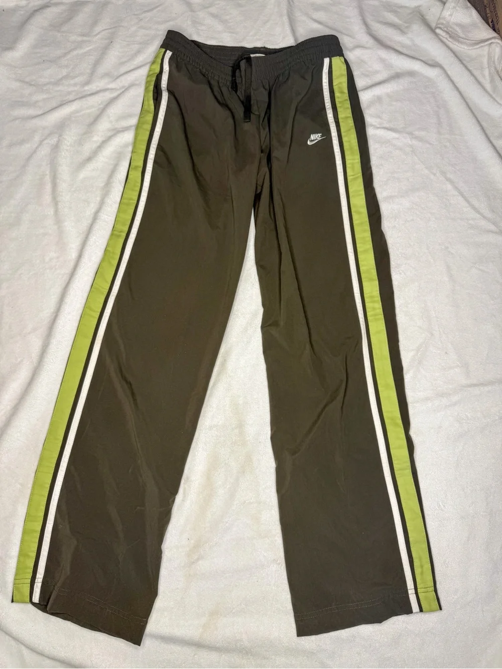 Nike Olive Track Pants with Lime and White Side Stripes